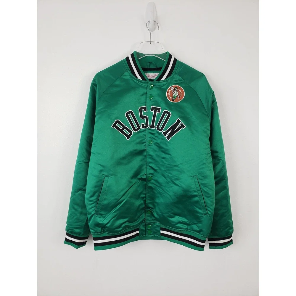 Boston Celtics Satin Varsity Jacket Green Snap Front Mitchell & Ness Mens Large